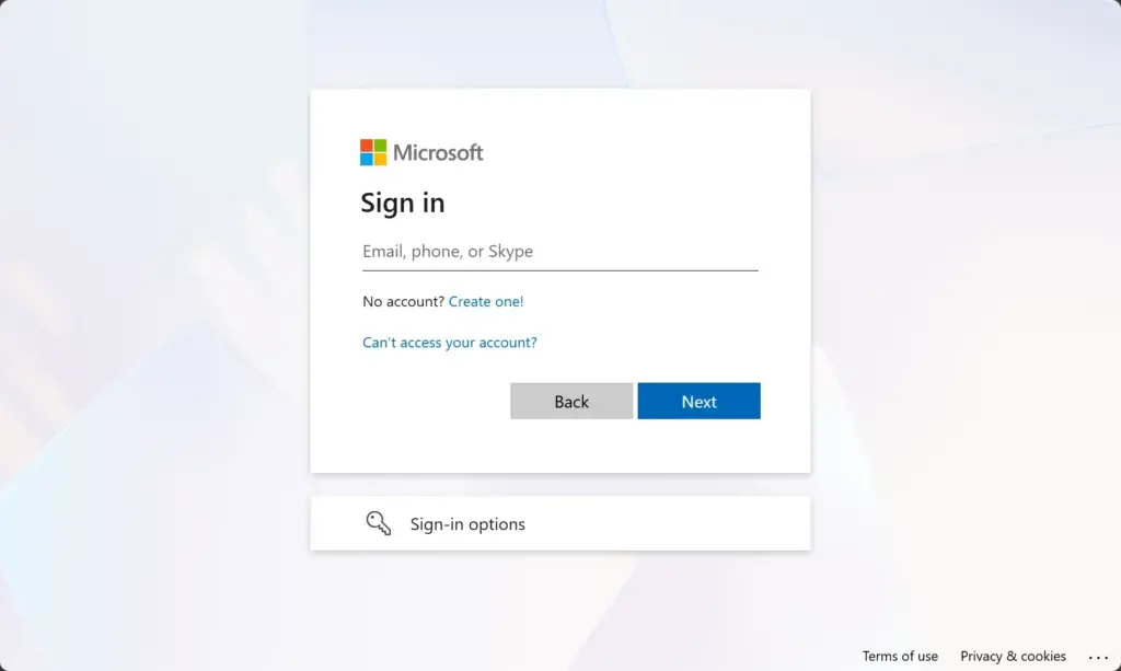Microsoft account login page for signing in with email and password.
