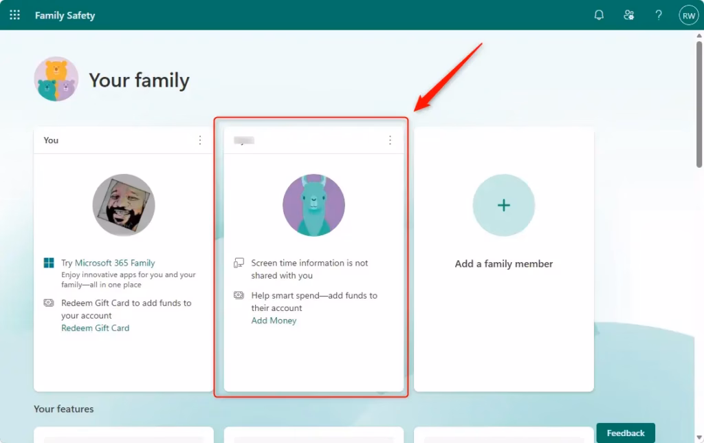 Microsoft Family Safety portal showing a list of family members to select.