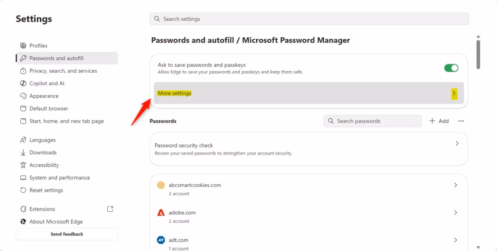 Microsoft Password Manager more settings section in Edge.