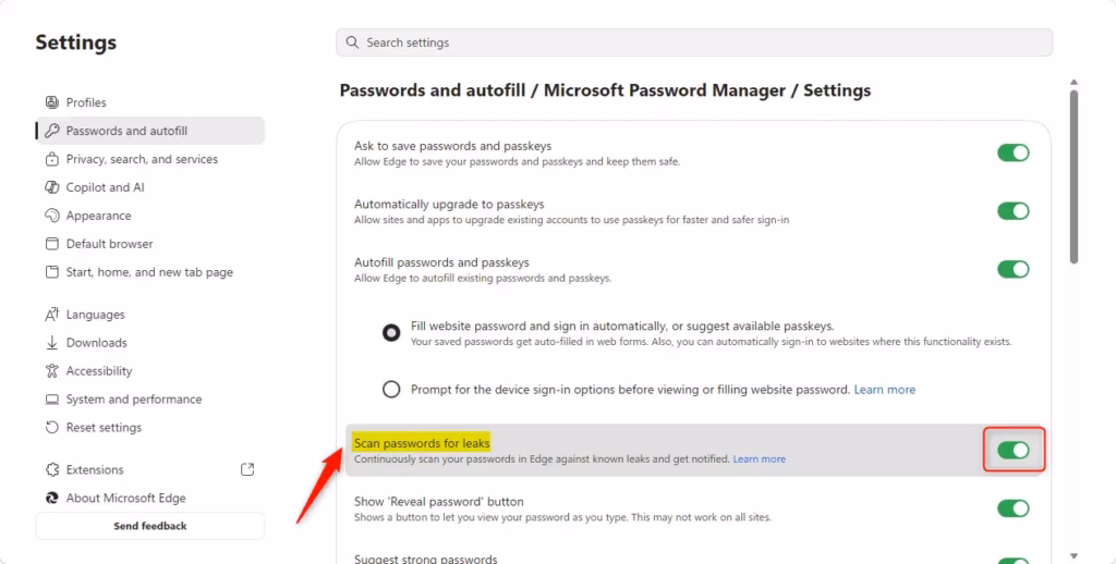 Scan passwords for leaks option in Microsoft Edge settings.