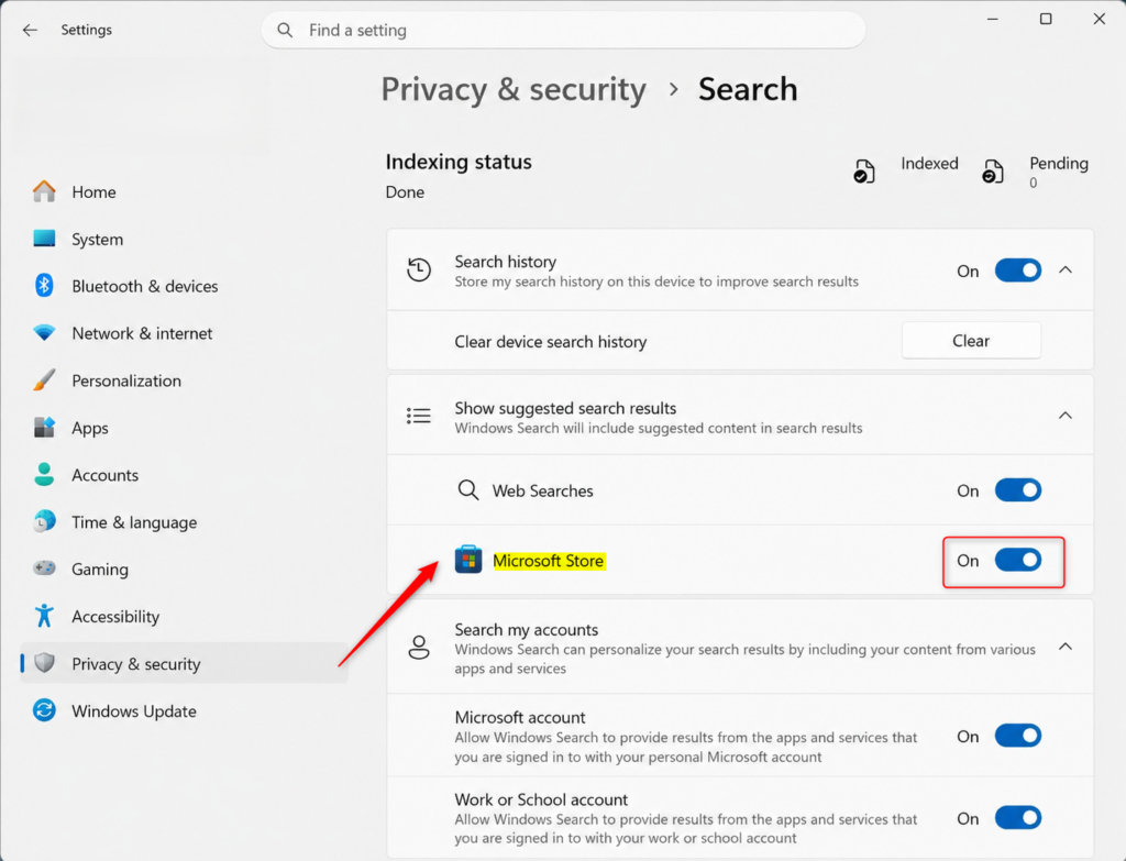 Microsoft Store suggested search results toggle in Windows 11 Settings.