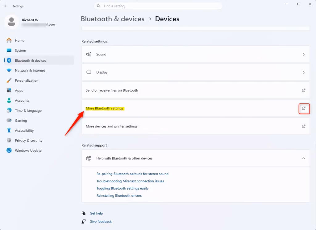 Windows 11 Bluetooth settings window with more options displayed.