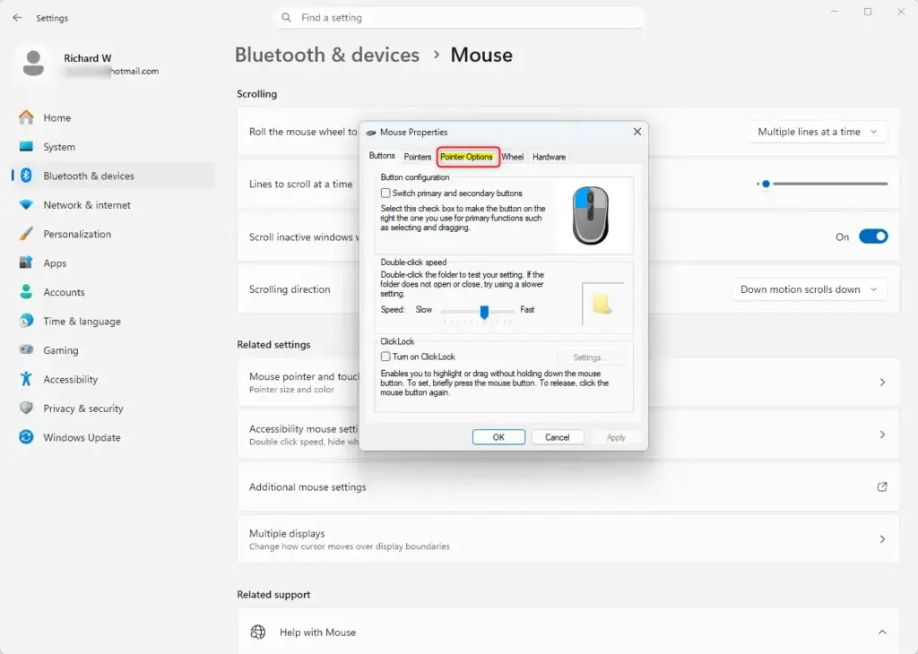 Mouse Properties window showing the Pointer Options tab.