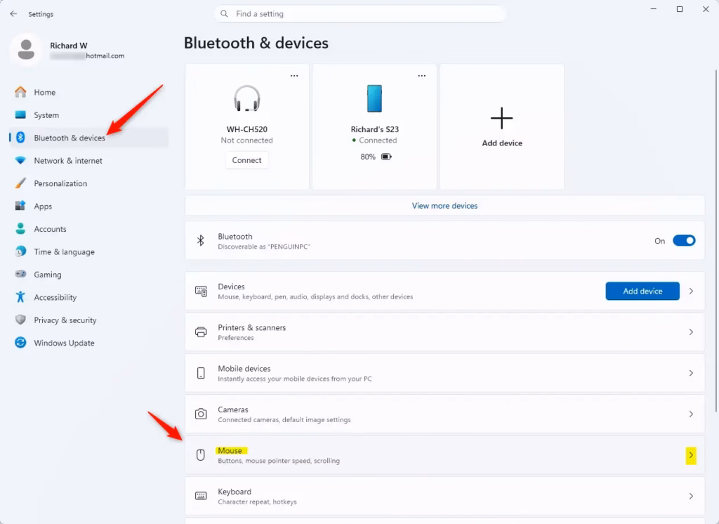 Windows 11 Settings showing the Mouse tile highlighted.