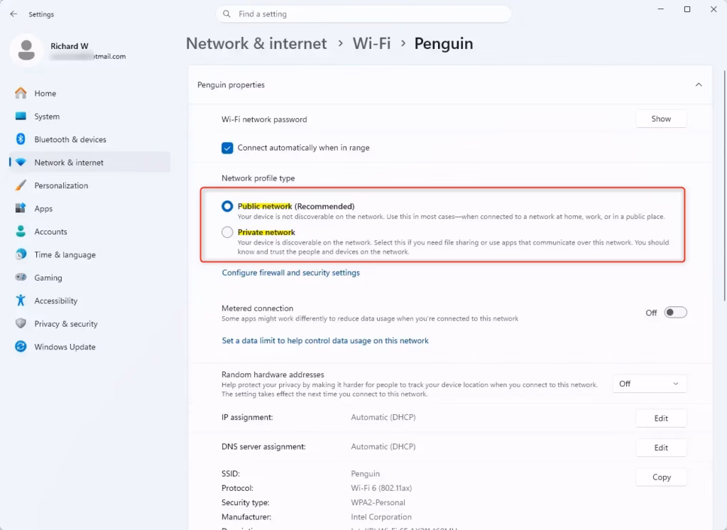 Windows 11 network profile type selection screen for Public or Private.