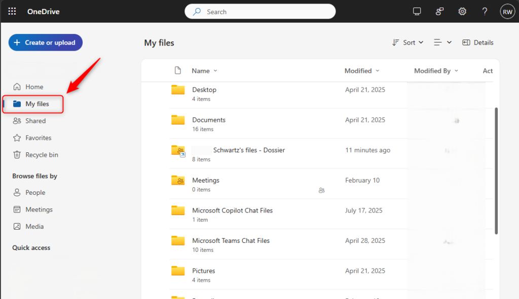 OneDrive 'My files' section showing folders and shared folder shortcuts.