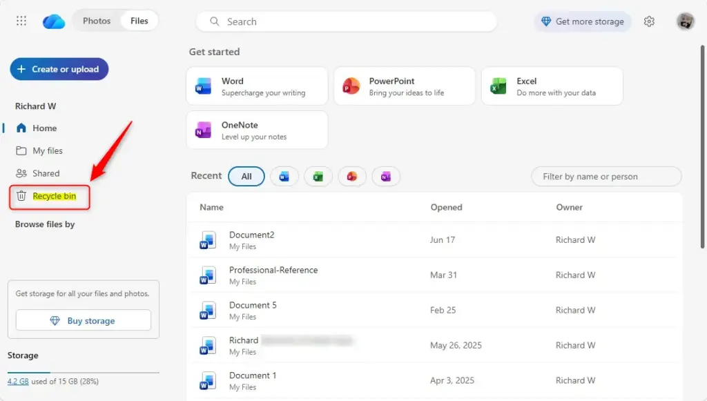 OneDrive recycle bin showing deleted files and folders online.