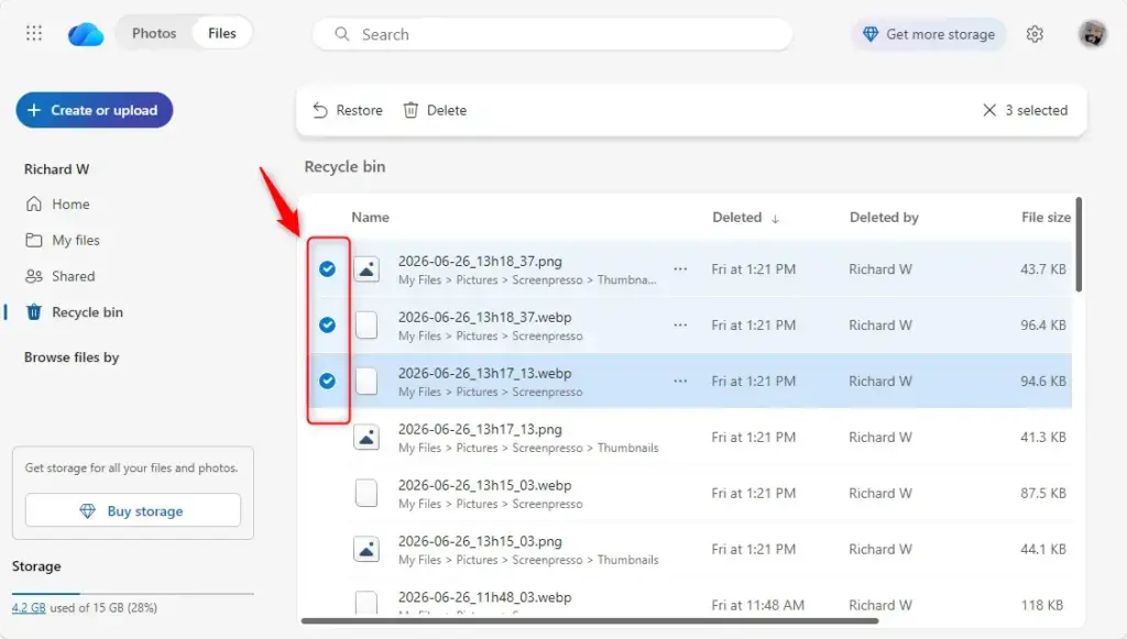 Selected deleted files in the OneDrive recycle bin online.