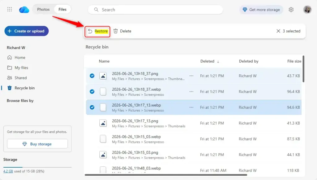 Restored files highlighted in the OneDrive recycle bin online.