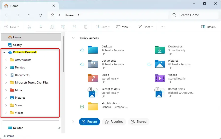 OneDrive folder location in Windows 11 File Explorer sidebar.