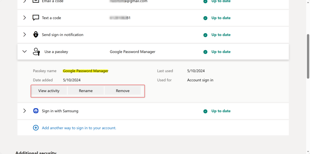 Manage your Microsoft account passkeys on the Advanced Security Options page.