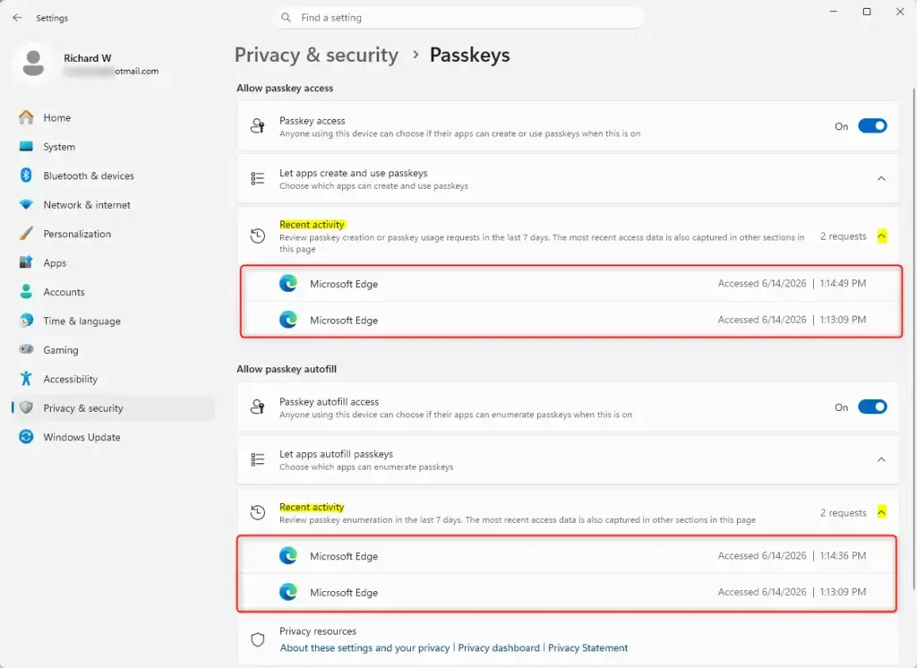 Windows 11 recent passkey activity by apps in settings.