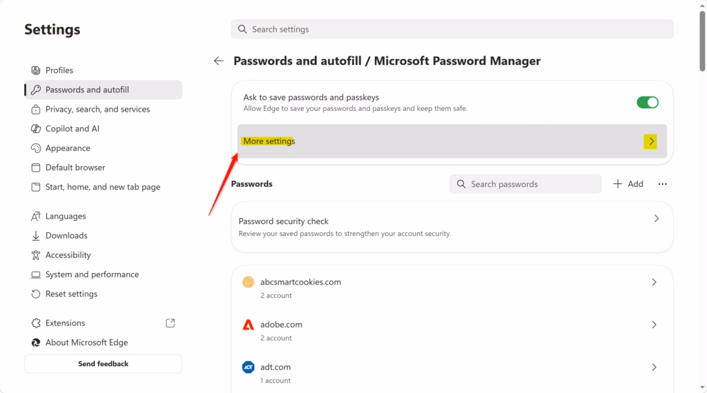 Microsoft Password Manager more settings page in Edge browser.