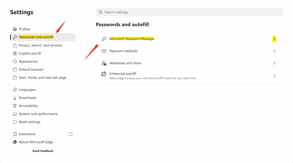Microsoft Password Manager settings tile in Microsoft Edge browser.