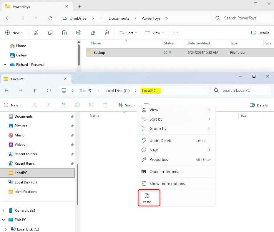 Pasting a file or folder into a non-OneDrive location in File Explorer.