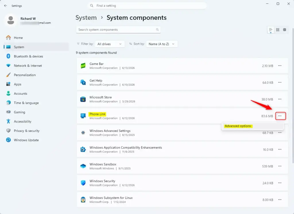 Phone Link app listed within Windows system components settings.