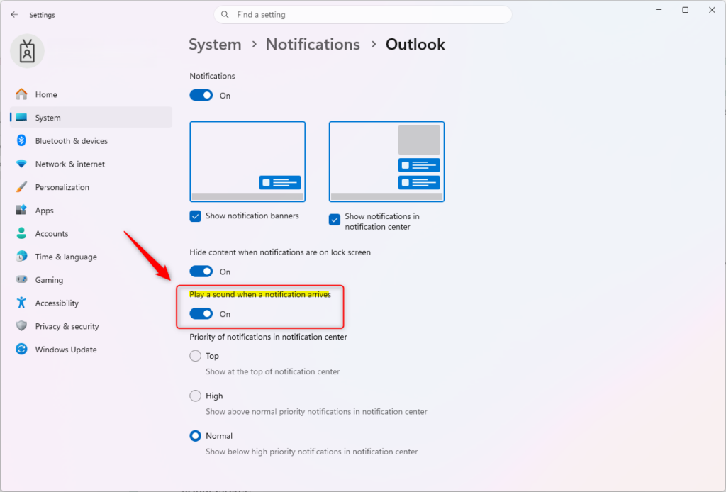 Windows 11 notification settings to play or silence app sounds.