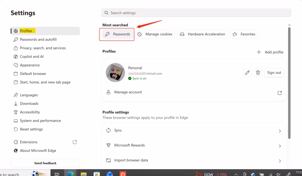 Microsoft Edge password manager for profile security.
