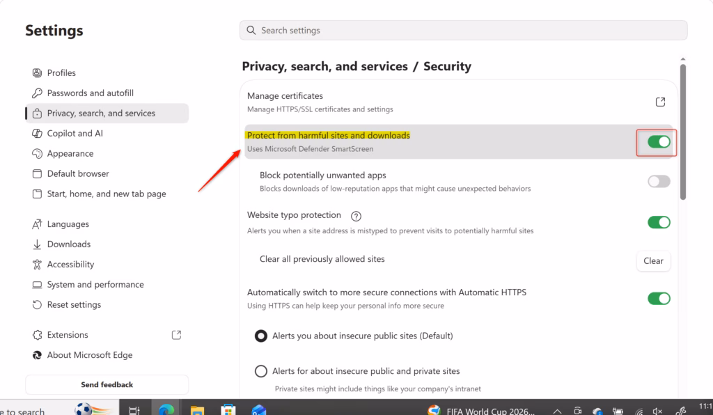 Microsoft Edge SmartScreen protects from harmful sites and downloads.