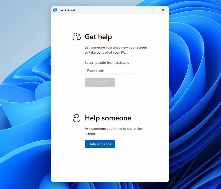 The Quick Assist application window open on a Windows computer.