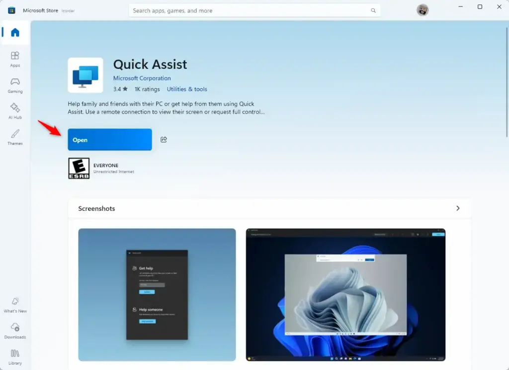Quick Assist app listed in the Microsoft Store search results.