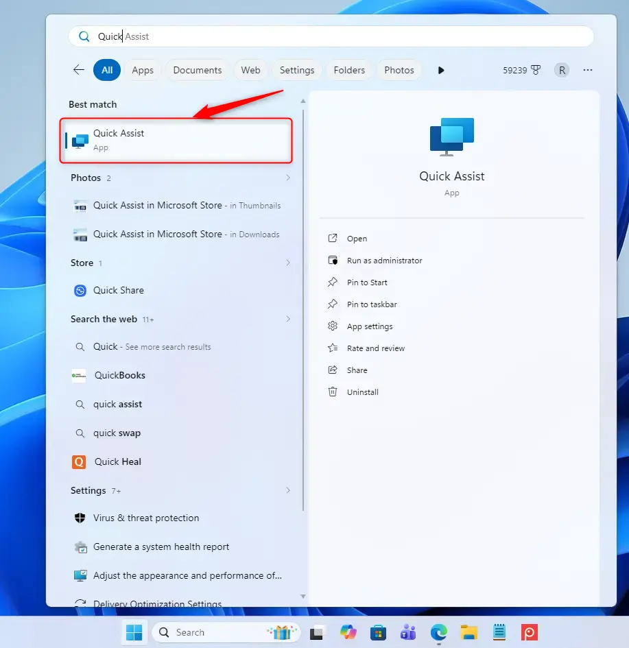 Searching for Quick Assist from the Windows Start menu.