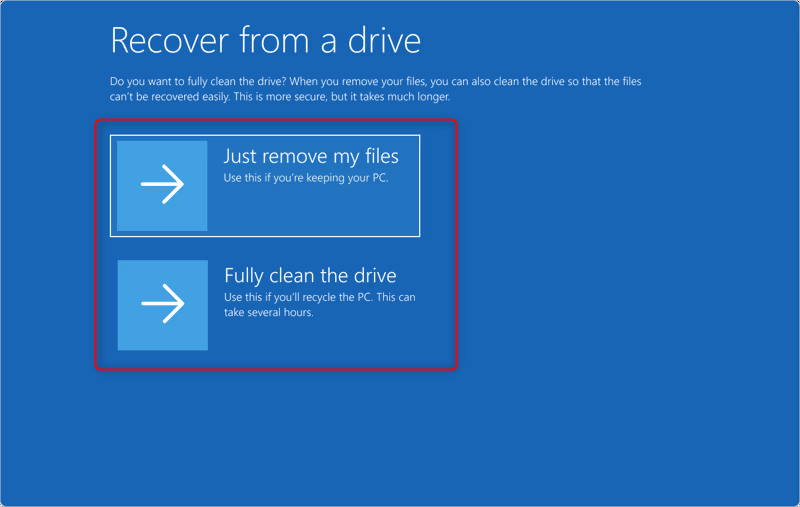 Windows 11 recovery drive screen showing recovery options.
