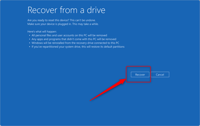 Click the 'Recover from a drive' button to start Windows 11 reinstallation.