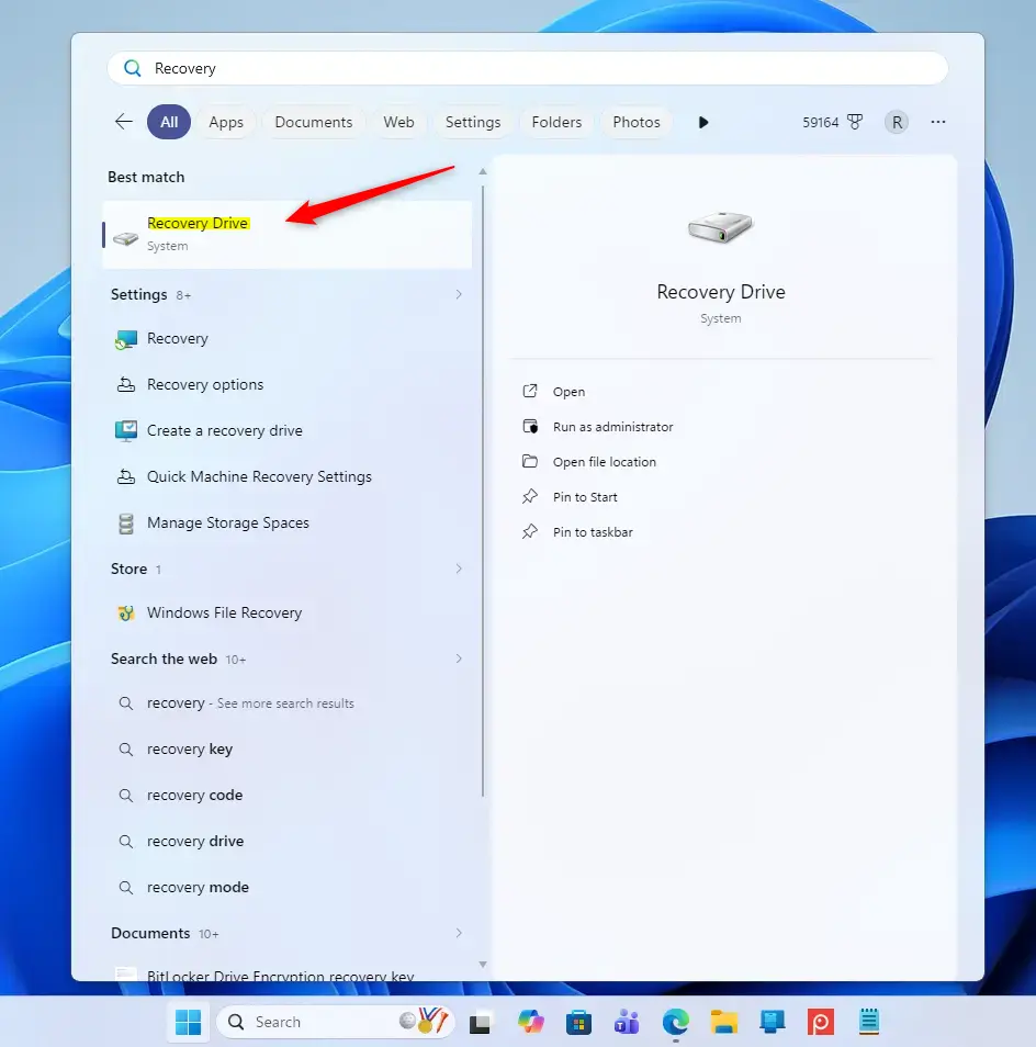 Accessing Windows recovery drive creation tool from Start menu.