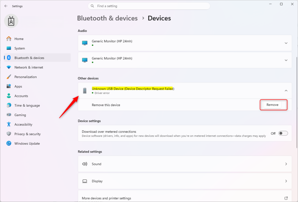 Remove a device using Windows 11 Settings app confirmation prompt.