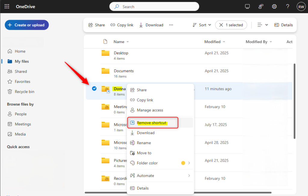 Right-click menu on a shared folder shortcut in OneDrive.com.