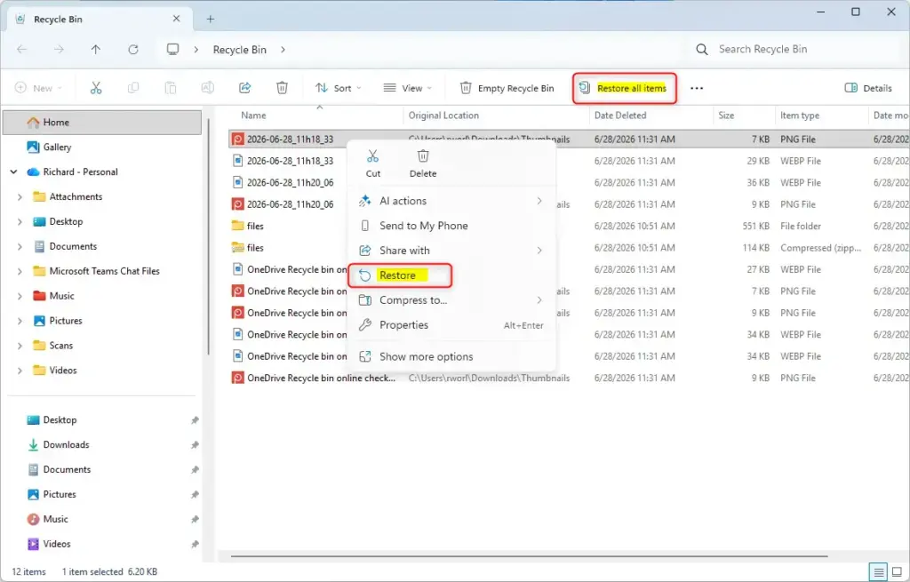 Restoring deleted OneDrive files from the Recycle Bin window on Windows.