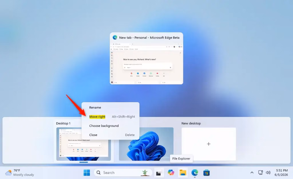 Right-click open app to move to another virtual desktop in Windows 11.