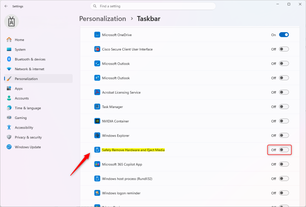 Safely Remove Hardware icon in Windows 11 system tray menu.