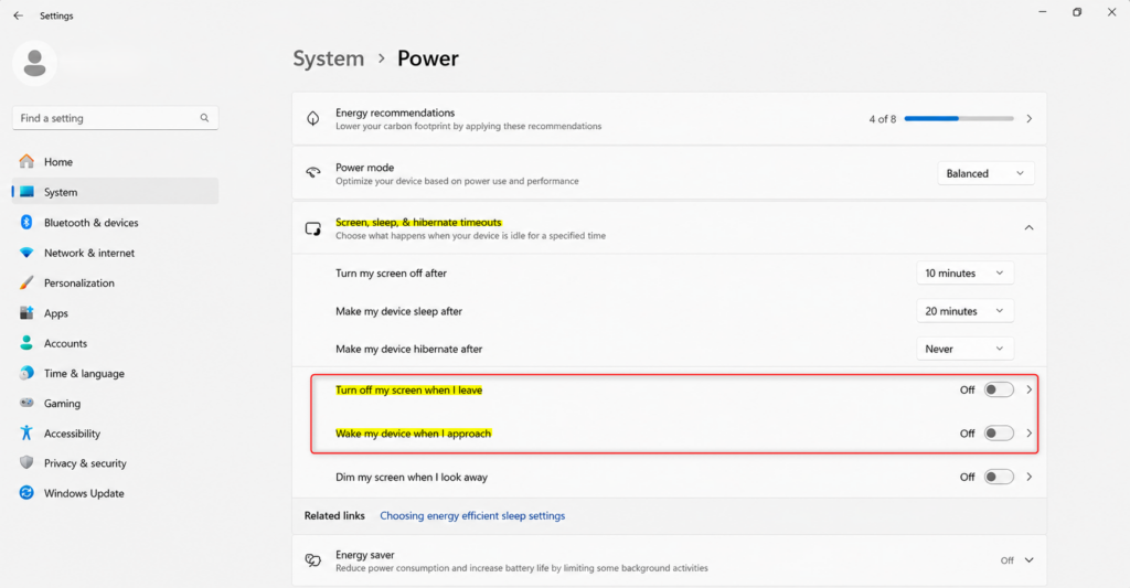 Windows 11 Presence Sensing screen and sleep settings for PC security.