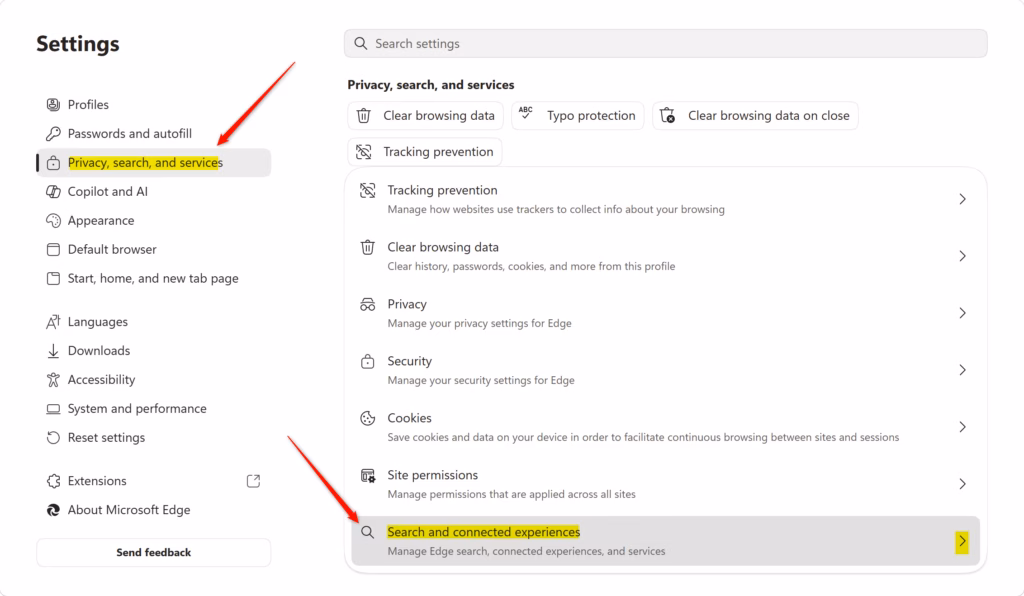 Microsoft Edge settings menu showing search and connected experiences options.