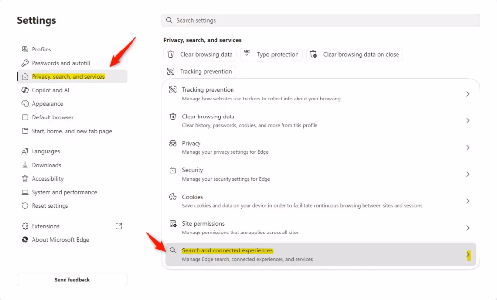 Microsoft Edge settings for Search and connected experiences on Windows 11.