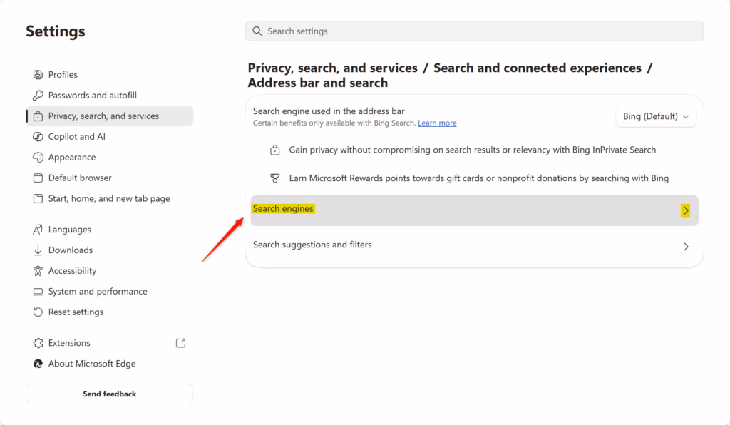 Microsoft Edge settings page displaying search engine options.