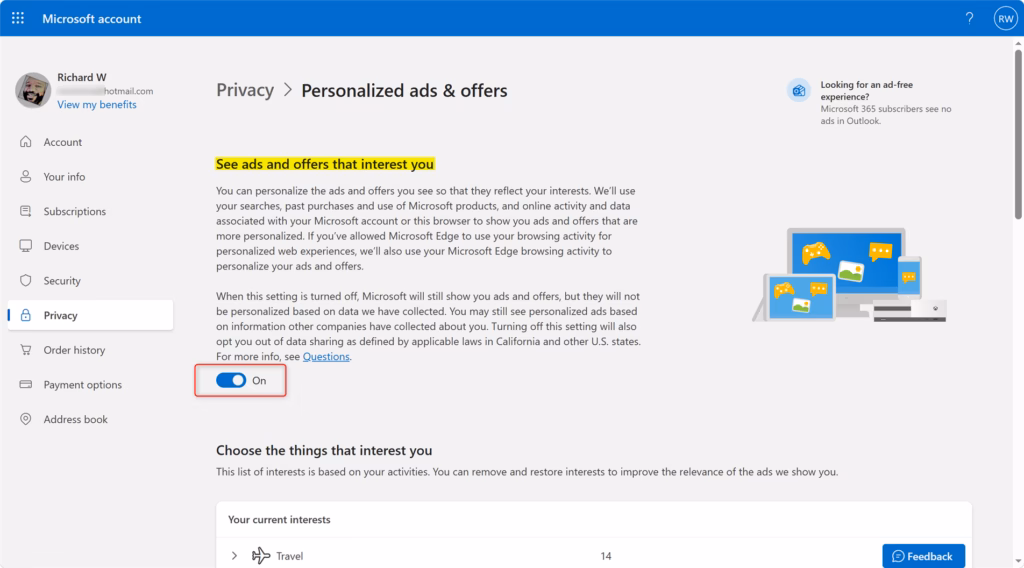 Microsoft Edge setting to see ads and offers that interest you.