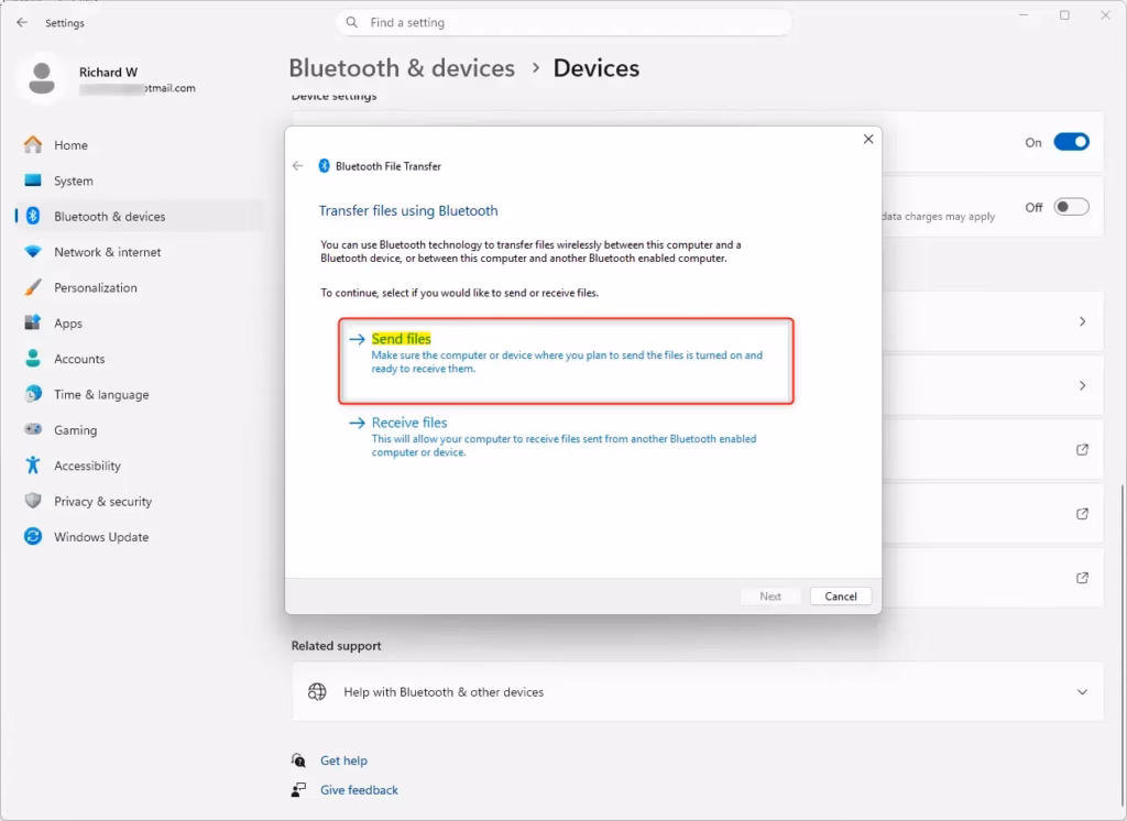 Windows 11 Bluetooth file transfer tool showing send file option.