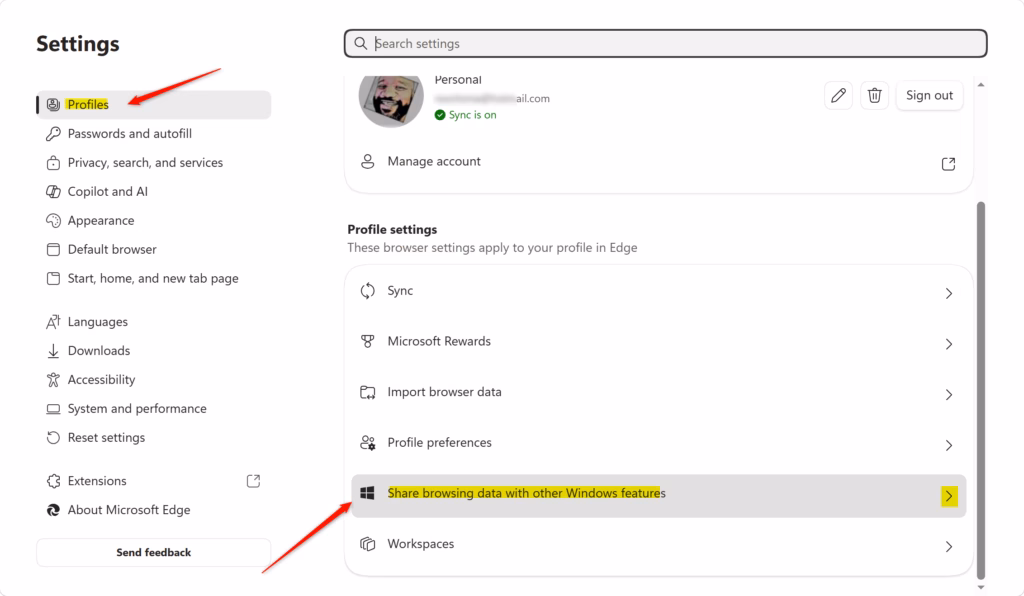 Microsoft Edge setting to share browsing data with Windows features.