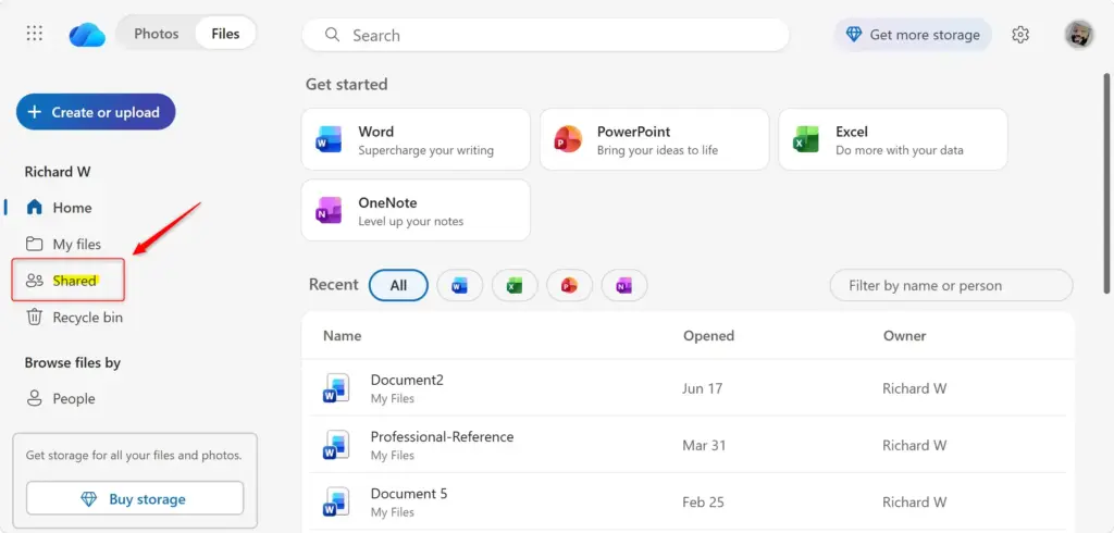OneDrive online interface showing the 'Shared' section with folders.