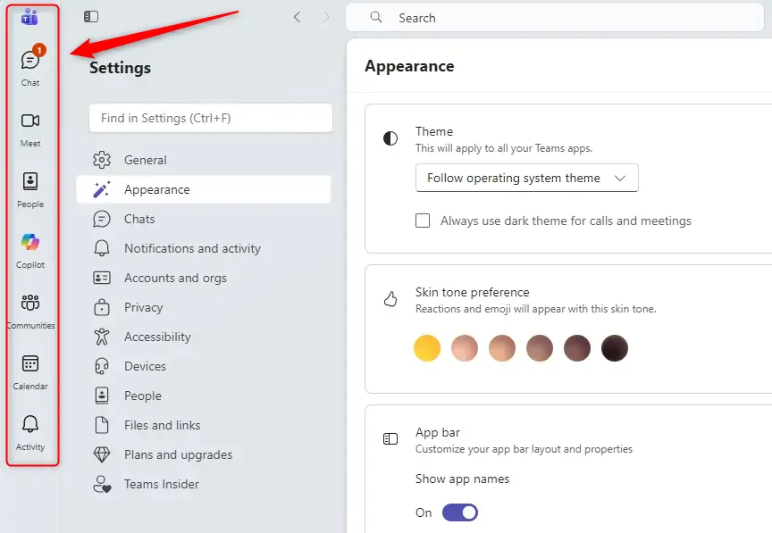 Close-up of the 'Show app names' toggle in Microsoft Teams settings.