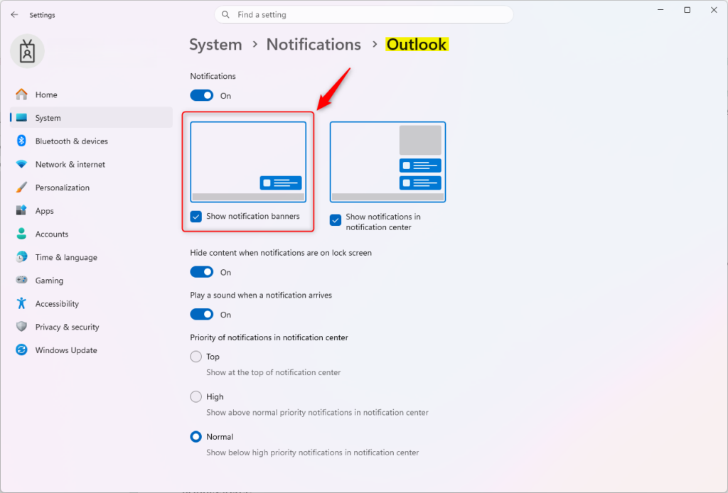 Control showing notification banners for each app in Windows 11 settings.