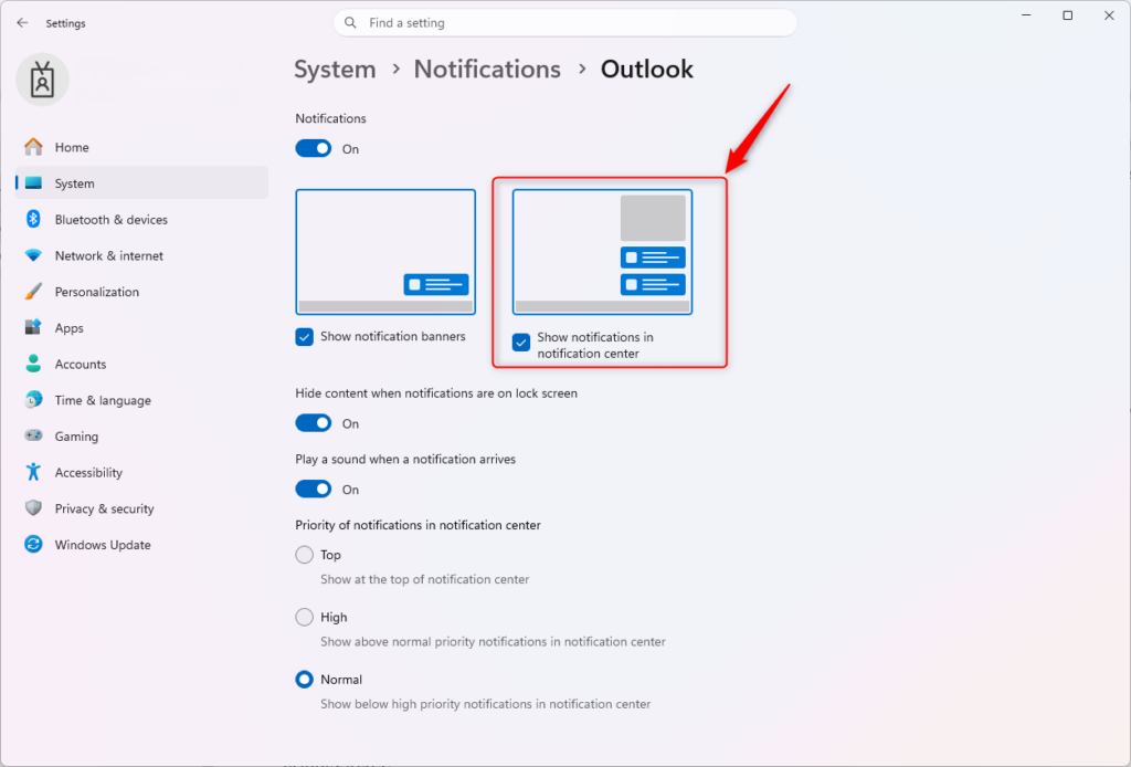 Windows 11 notification settings showing app notification controls.