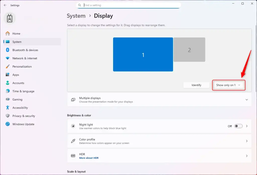 Windows 11 PC screen only display mode setting.