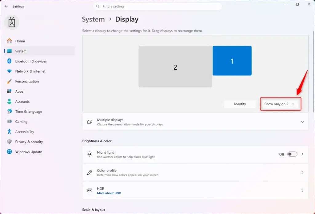 Windows 11 show only on second display mode option.