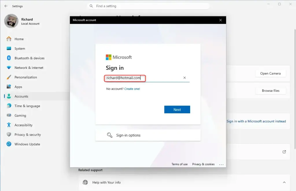 Windows 11 Microsoft account login page for switching.
