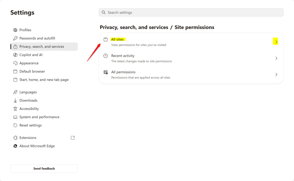 Edge settings showing permissions for all sites.