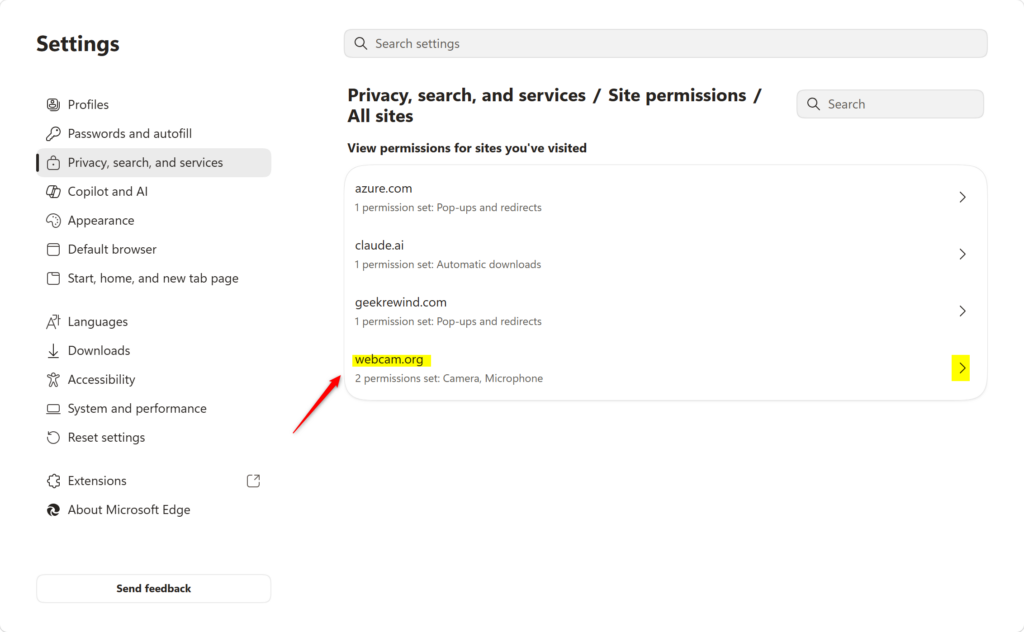 Edge settings showing specific site permissions.